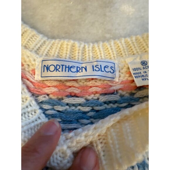 VTG Northern Isles XL Fair Isle Knit Sweater Cream Pink Hearts Warm Winter cozy - Picture 2 of 10
